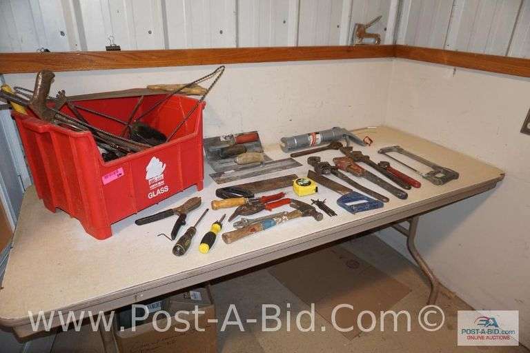 Large Lot Of Assorted Hand Tools, In Red Tote, Includes Pipe Wrenches, Hand