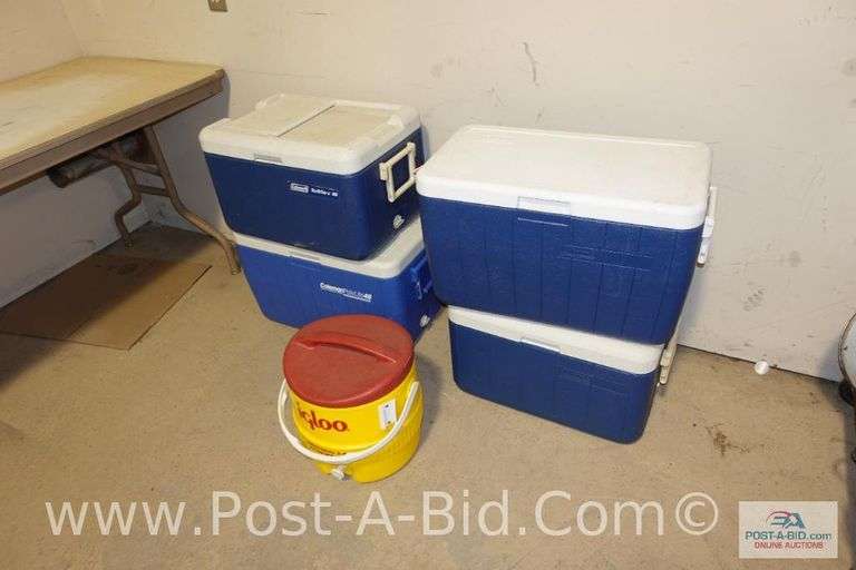 5-Coolers, 2-Coleman 48 qt., 2-Coleman 40 qt., 1-Beverage 3 Gallon Cooler.