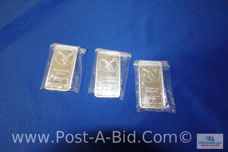 3-1 Troy Oz. Hamilton Mint Silver Bullion Bars, Presidential Commemorative-