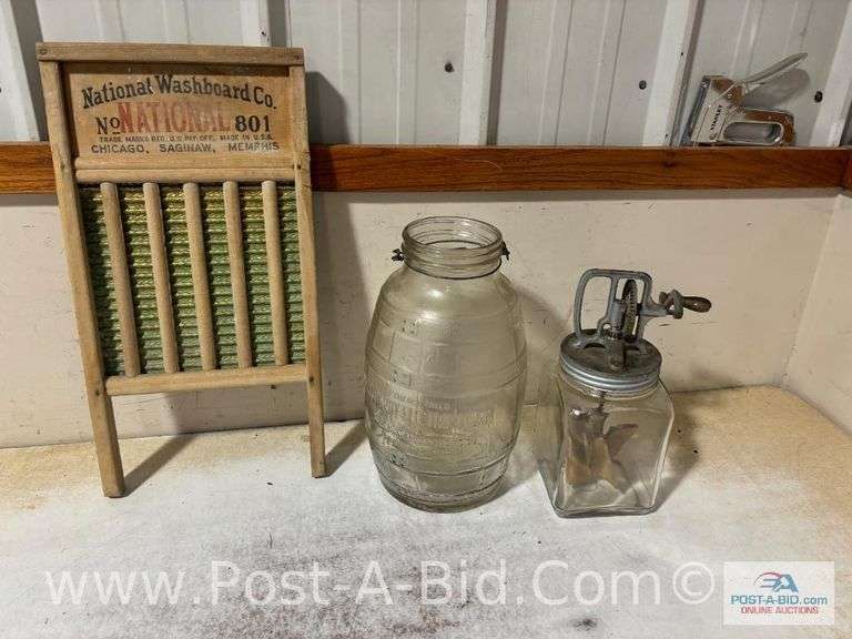 Antique Cream Churn, Large Antique Jar And National Wash Board.