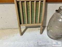 Antique Cream Churn, Large Antique Jar And National Wash Board.