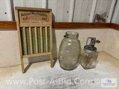 Antique Cream Churn, Large Antique Jar And National Wash Board.
