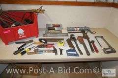 Large Lot Of Assorted Hand Tools, In Red Tote, Includes Pipe Wrenches, Hand