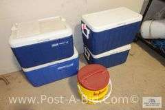 5-Coolers, 2-Coleman 48 qt., 2-Coleman 40 qt., 1-Beverage 3 Gallon Cooler.