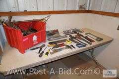 Large Lot Of Assorted Hand Tools, In Red Tote, Includes Pipe Wrenches, Hand
