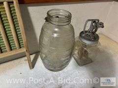 Antique Cream Churn, Large Antique Jar And National Wash Board.