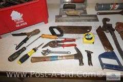 Large Lot Of Assorted Hand Tools, In Red Tote, Includes Pipe Wrenches, Hand