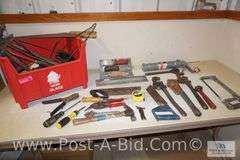 Large Lot Of Assorted Hand Tools, In Red Tote, Includes Pipe Wrenches, Hand