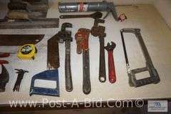 Large Lot Of Assorted Hand Tools, In Red Tote, Includes Pipe Wrenches, Hand