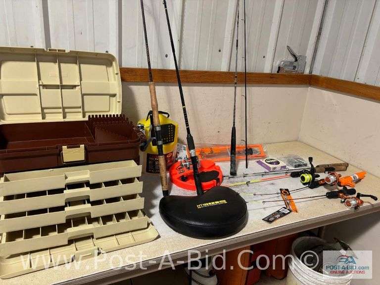 Large Plano Tackle Box With Fishing Poles, Some With Reels, Tip U