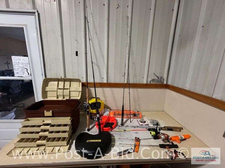 Large Plano Tackle Box With Fishing Poles, Some With Reels, Tip U