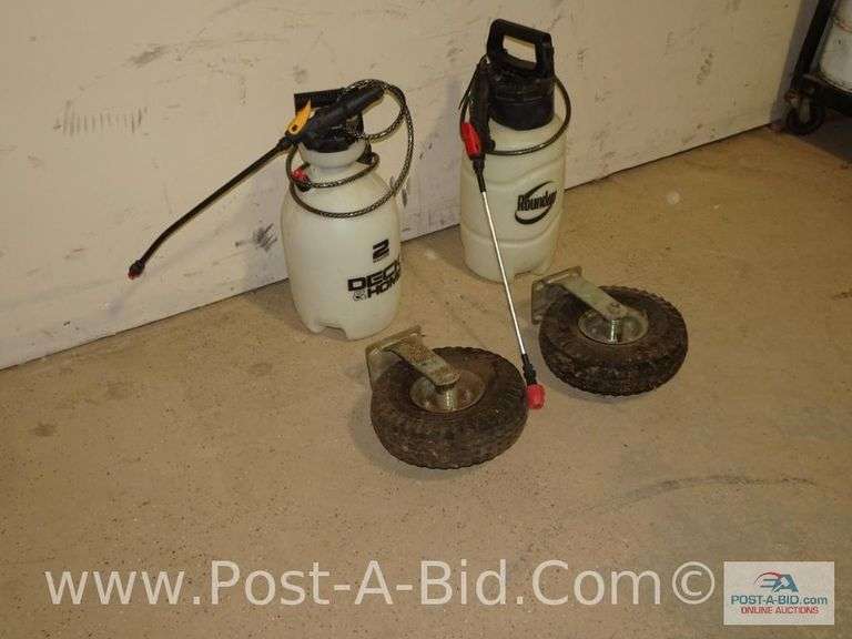 2x 2 Gallon Sprayers And 2x Tires On Fixed Axles, 4.10/3.50-4 Loa