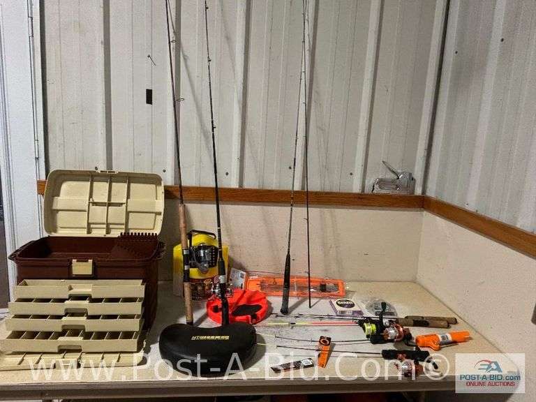 Large Plano Tackle Box With Fishing Poles, Some With Reels, Tip U