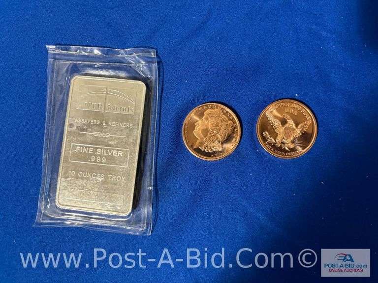 1-10 oz. .999 Fine Silver NTR Metals Bar And 2-1 oz. Copper Morg