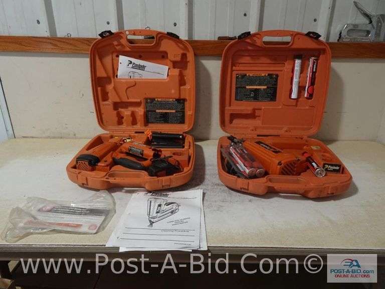 Paslode Impulse Pin Nailer And Paslode Nailer Both In Cases.