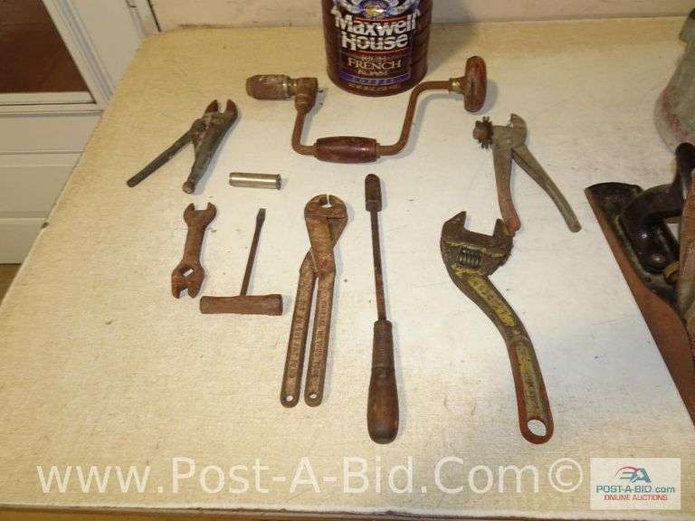 Vintage Can With Spout, Stanley Planer And Vintage Tools.