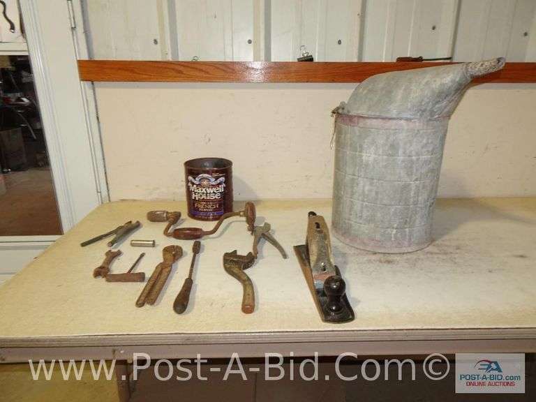Vintage Can With Spout, Stanley Planer And Vintage Tools.