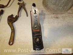 Vintage Can With Spout, Stanley Planer And Vintage Tools.