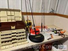 Large Plano Tackle Box With Fishing Poles, Some With Reels, Tip U