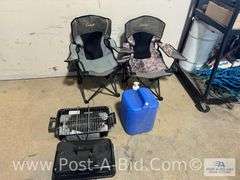 2x Kids Camp Chairs, Tripod Camp Stove And 5 Gallon Water Tank.