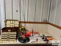 Large Plano Tackle Box With Fishing Poles, Some With Reels, Tip U