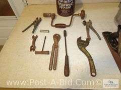 Vintage Can With Spout, Stanley Planer And Vintage Tools.