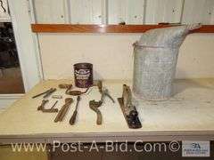 Vintage Can With Spout, Stanley Planer And Vintage Tools.