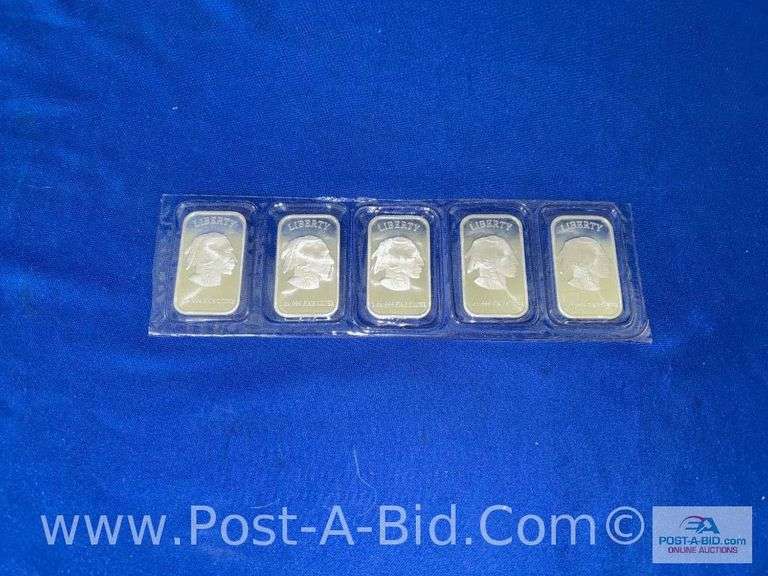 5- 1 Ounce .999 Fine Silver Liberty United States Of America Silver Bars- 5