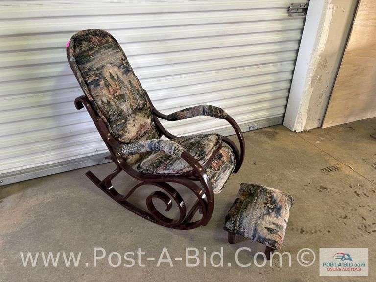 Bentwood Rocker Fishing Scene With Footrest Stool