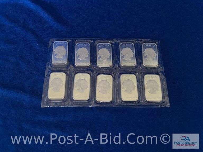 10- 1 Ounce .999 Fine Silver Liberty United States Of America Silver Bars-
