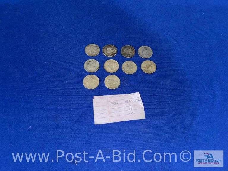 10- Peace Silver Dollars: 1922, 1923, 1923 S, 1923 D, 1926 S, 1927 S, 1934