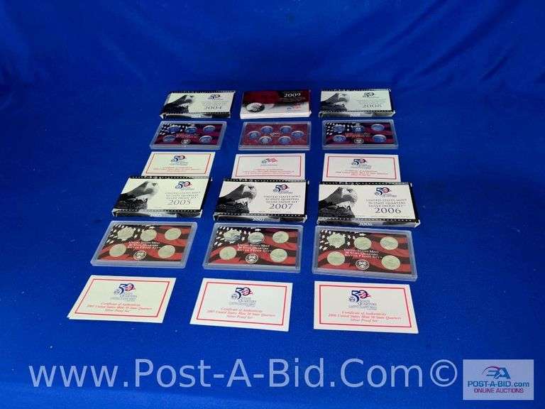 Silver US Mint Quarter Proof Sets, 2004-2009, Includes 31- 90% Silver Quarters.  All With "Certifica