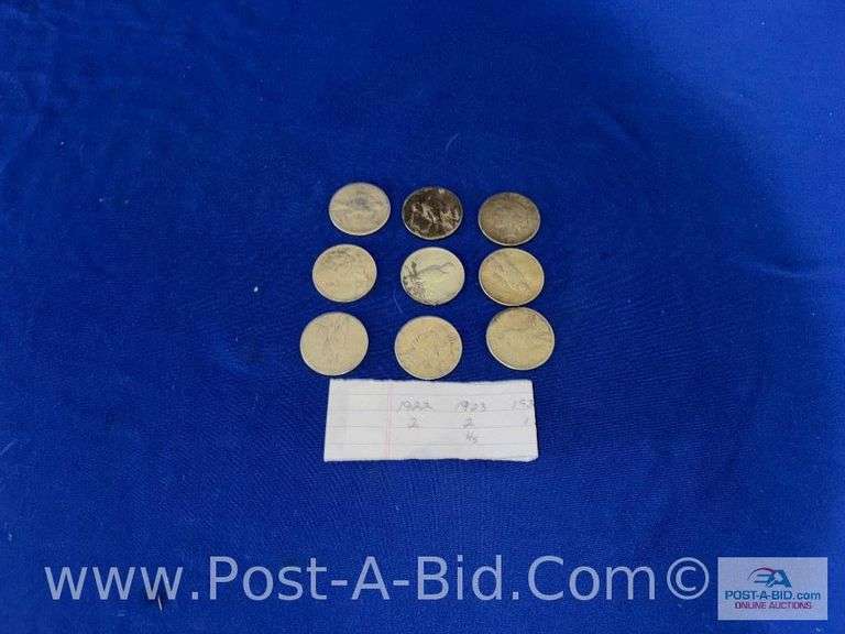 9- Peace Silver Dollars: 2- 1922, 2- 1923, 4- 1923 S, 1934 D.