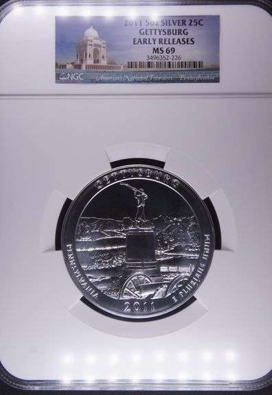 2011 5oz Silver Quarter Gettysburg Early Releases, NGC MS69