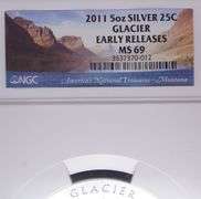 2011 5oz Silver Quarter Glacier National Park Early Releases, NGC MS69