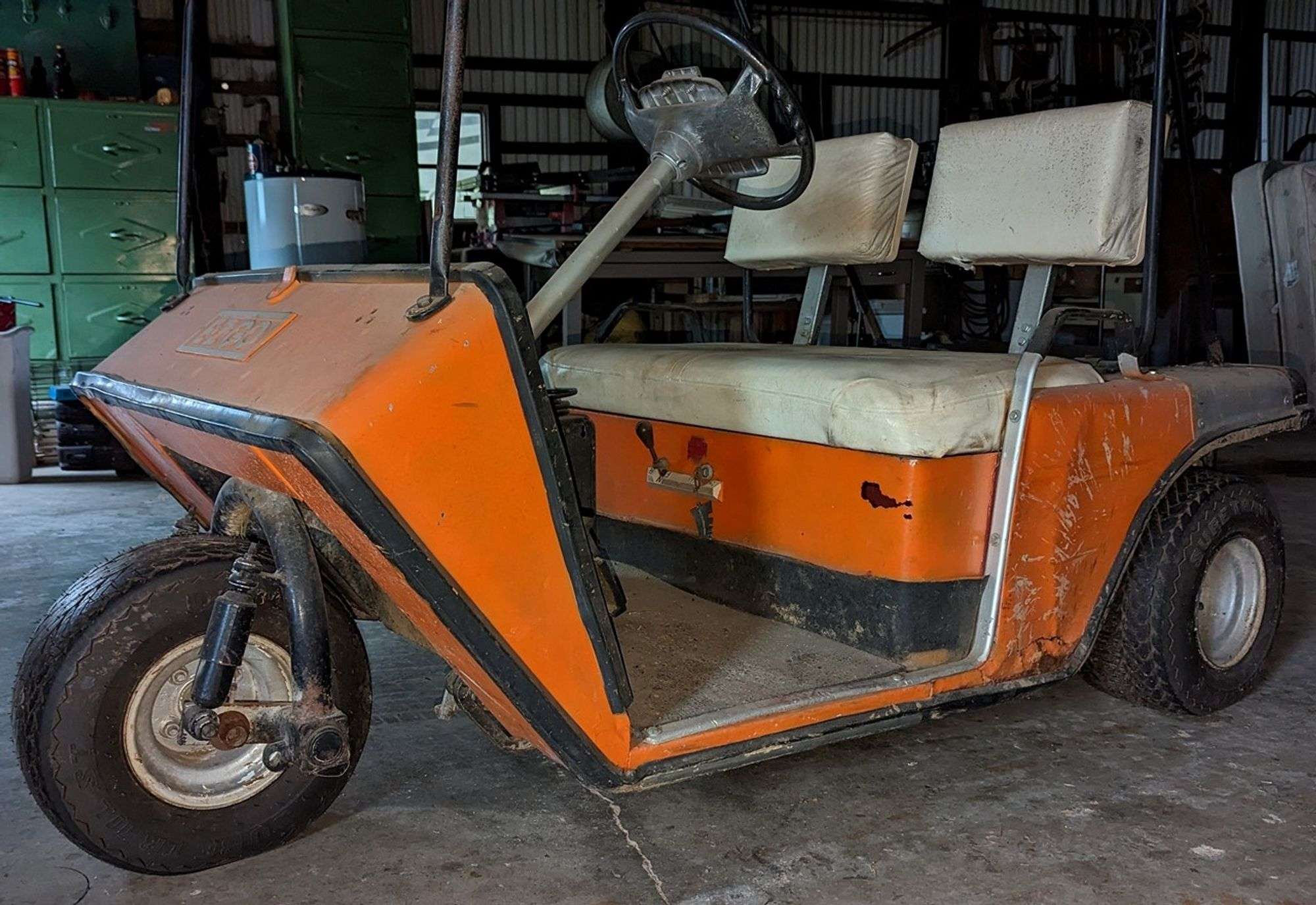 Vintage Orange E-Z Go Electric 3 Wheel Golf Cart with Charger (See