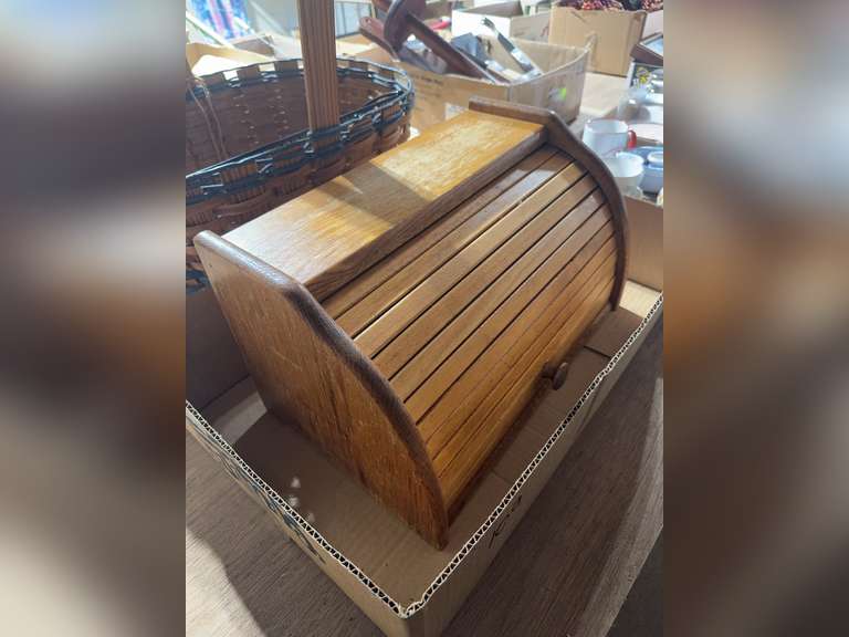 Bread box, metal shelf for spices, and large basket