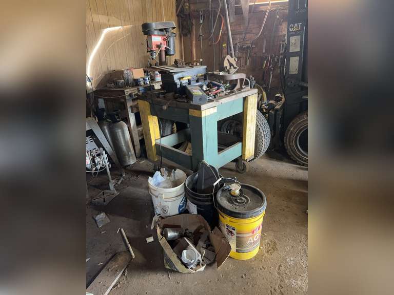 Rolling cart and drill press w/contents