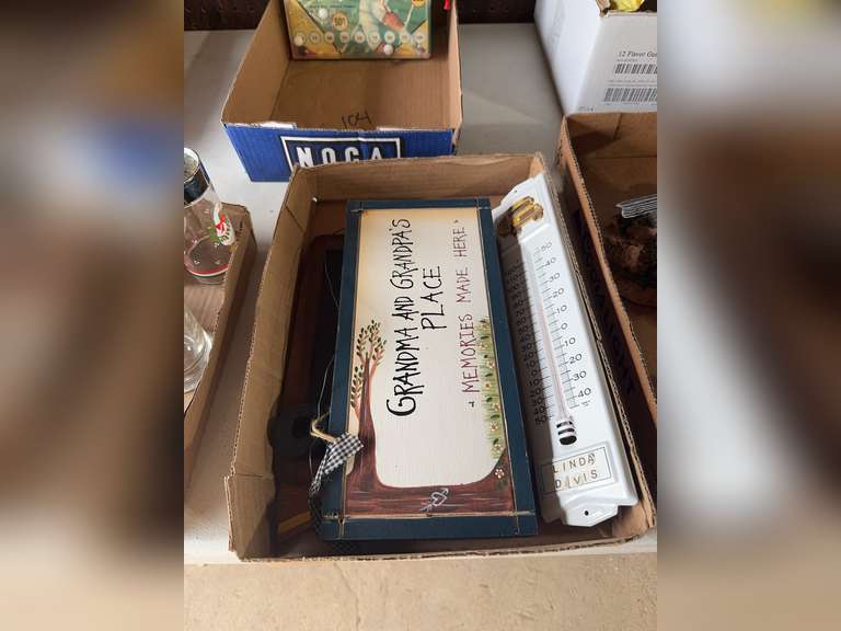 Grandpa and grandma signs and school bus thermometer w/bobble head, bird book end, and rabbit figuri