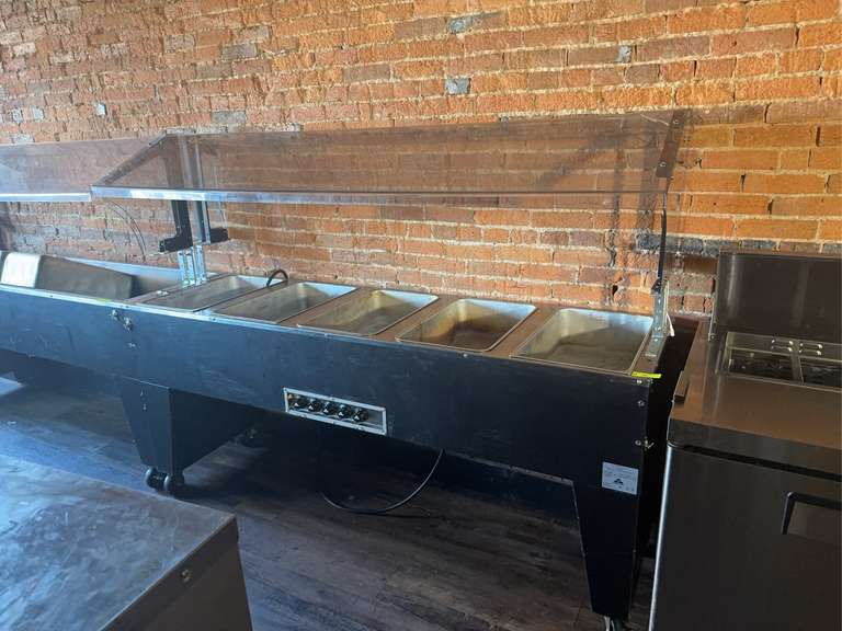 Portable Hot Food Buffet Table, electric, 77-3/4"W x 35"D x 53"H, double sided sneeze guard, (5) 12" × 20" galvanized wells (requires spillage pans), individual infinite controls with indicator lights, open base, black vinyl clad finish, 4" swivel casters (2) with brakes, UL, NSF (208-240v) Weight: 418 Ibs total