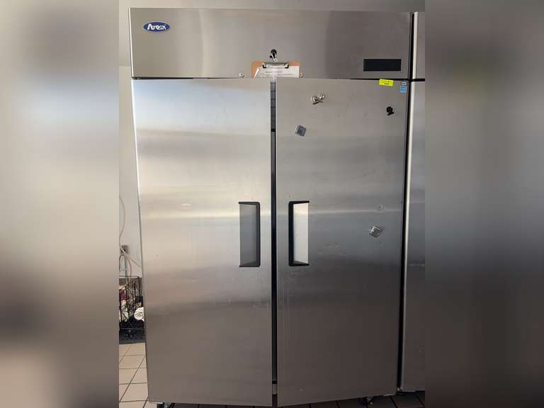 REACH-IN REFRIGERATOR
Atosa USA, Inc. Model No. MBF8005GR
Atosa Refrigerator, reach-in, two-section, 51-7/10"W x 31-7/10"D x 81-3/10"H, top mount self-contained refrigeration, 43.2 cu. ft. (2) locking hinged solid doors, digital temperature control, 33 deg to 40 deg * F temperature range, (6) adjustable shelves, interior LED lighting, automatic evaporation, air defrost, stainless steel interior & exterior, galvanized steel back, 4 ^ n casters, R290 Hydrocarbon refrigerant, 1/5 HP, 115v/60/1-ph, 3.2 amps, cord with NEMA 5-15P, CETLus, ETL-Sanitation, ENERGY STAR®
Class 150
Weight: 390 lbs total