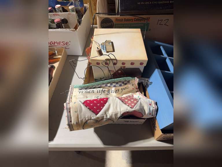 Glass lamp shade, little shadow box, small shelf, and group of storage boxes