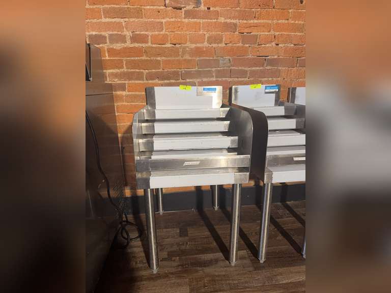 Underbar Dump Sink, 12"W × 18"D x 32-1/2"H overall size, 10" wide x 14" front-to-back × 6" deep bowl, 4"OC splash mount lead-free faucet (BKF/ W2-6-G), 18/304 stainless steel top, stainless steel legs & bracing,
adjustable high-impact corrosion-resistant feet, NSF Weight: 66 Ibs total