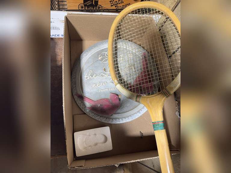 Small wooden boxes, John Deere, tennis racket, wall plaque