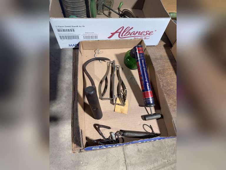 Ice hook, Hudson sprayer w/green glass, loom tool, brass double hook scale, and green handle sifter,