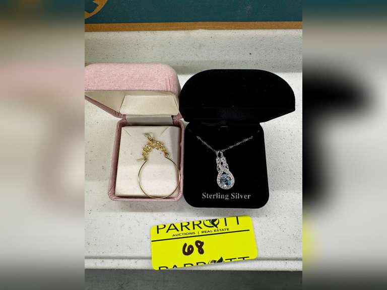 14KT Heart Style Earring and Sterling Silver Blue Gem Necklace