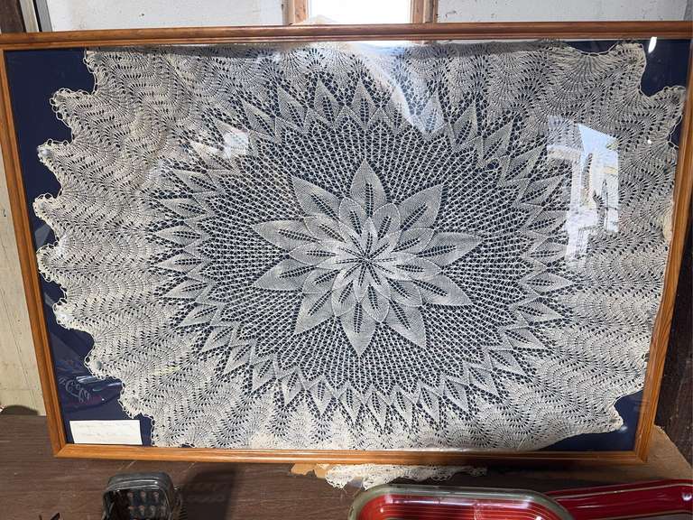 Framed Hairpin lace doily made by Kate Ice 1941