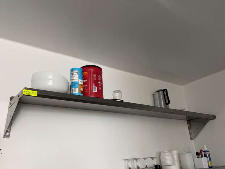 SHELVING, WALL MOUNTED BK Resources Model No. BKWSE-1272Economy Shelf, wall-mounted, 72"W x 12"D, 18/430 stainless steel, 1-1/2"H rear up-turn, (3) 8" angle supports, NSF