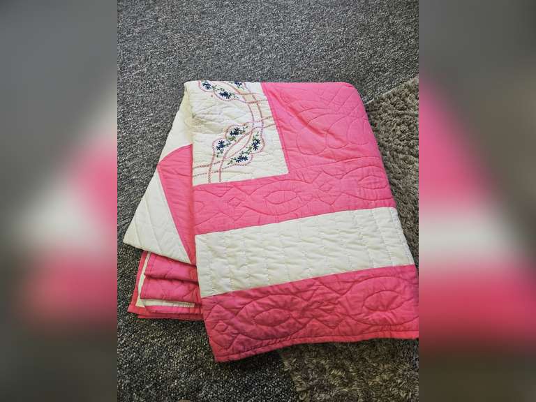 Hand Stitched Pink & White Quilt w/ Needle Point Blue Floral Accents