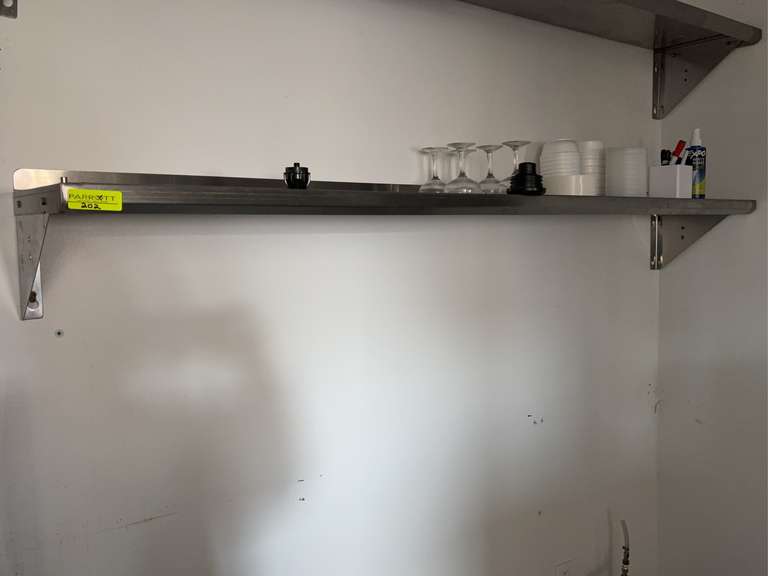 SHELVING, WALL MOUNTED BK Resources Model No. BKWSE-1272Economy Shelf, wall-mounted, 72"W x 12"D, 18/430 stainless steel, 1-1/2"H rear up-turn, (3) 8" angle supports, NSF